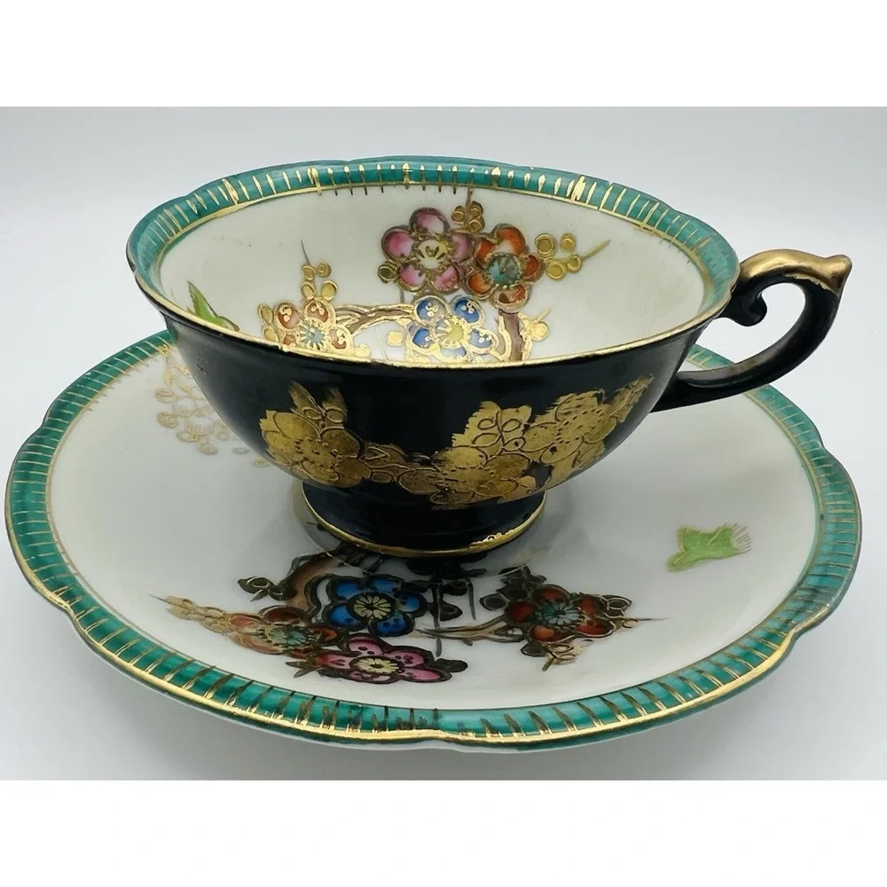 Trimont Teacup Saucer Set Black Gold Moriage Jeweled Floral Japan Vintage China